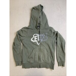 Fox Hoodie Mens M Green Pullover Sweatshirt Full Zip Front Pockets RN 97275
